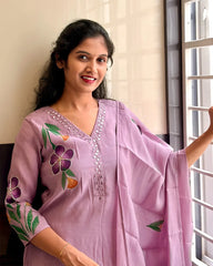Lavender Mulchanderi A-Line Kurti Set