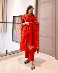 Orange Cotton 3pc Kurti Set