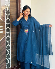 Navy Blue Cotton 3pc Kurthi Set