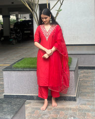 Vibrant Red Muslin Silk Kurta Set
