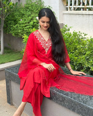 Vibrant Red Muslin Silk Kurta Set
