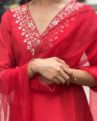 Vibrant Red Muslin Silk Kurta Set