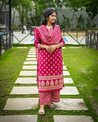 Pink Cotton 3pc Kurthi Set