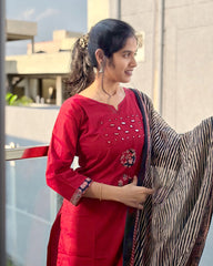 Red Dhabu Cotton Kurti Set