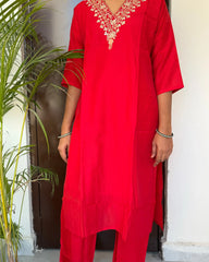 Vibrant Red Muslin Silk Kurta Set