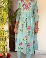 Sky blue hand painted anarkali