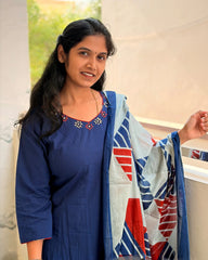 Blue Dhabu Cotton Kurti Set