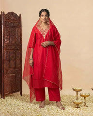 Vibrant Red Muslin Silk Kurta Set