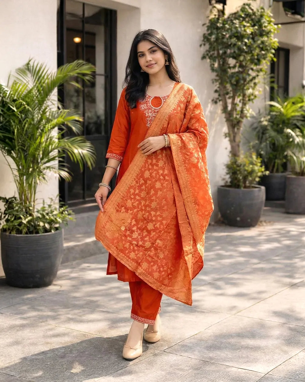Rust Orange Muslin kurti set