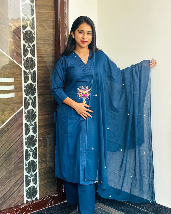 Navy Blue Cotton 3pc Kurthi Set