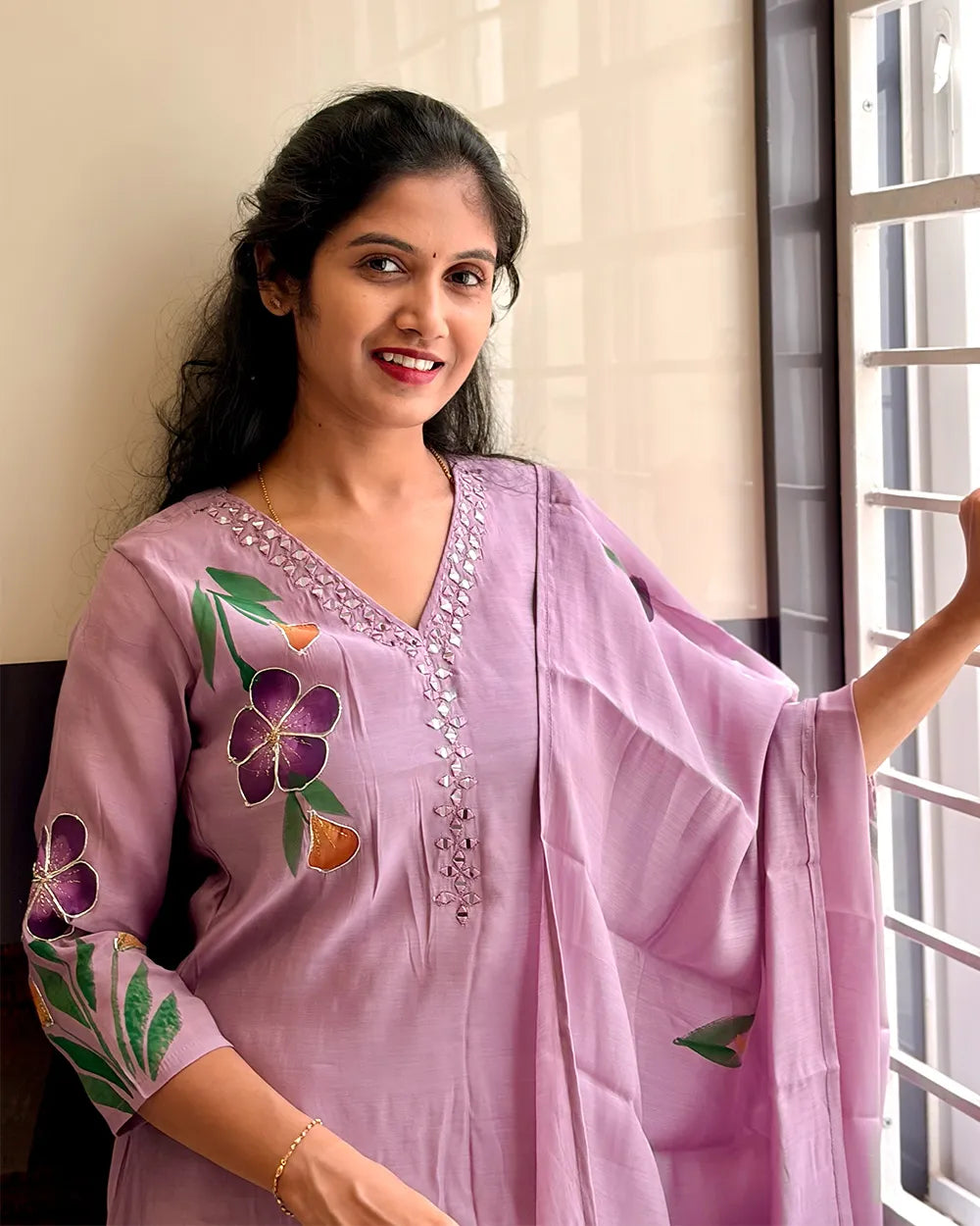 Lavender Mulchanderi A-Line Kurti Set