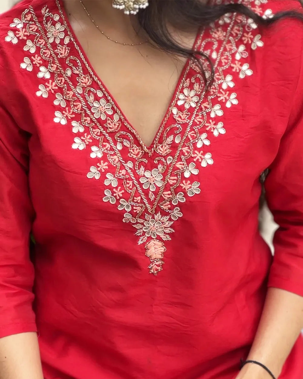 Vibrant Red Muslin Silk Kurta Set
