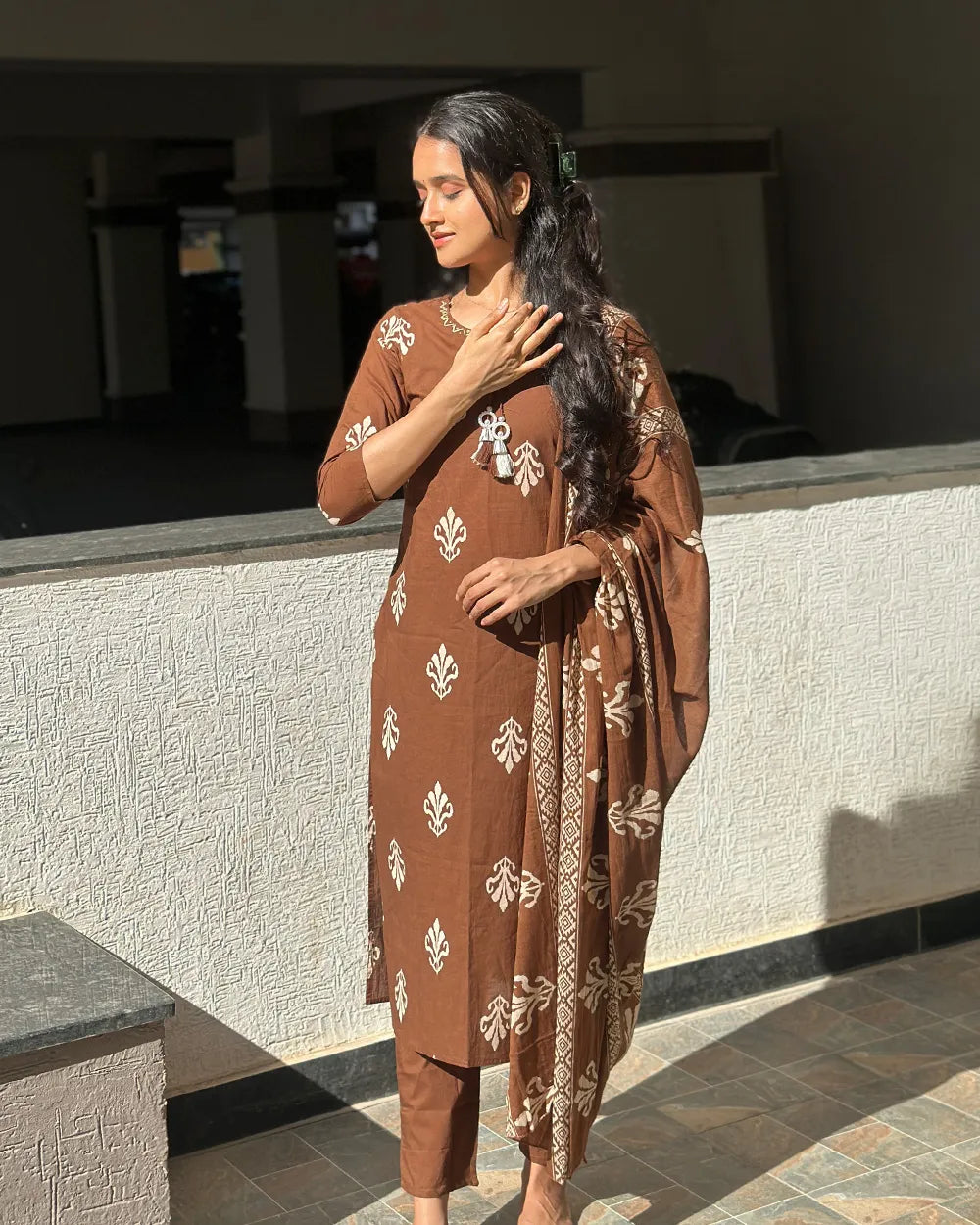 Brown Cotton Kurthi Set