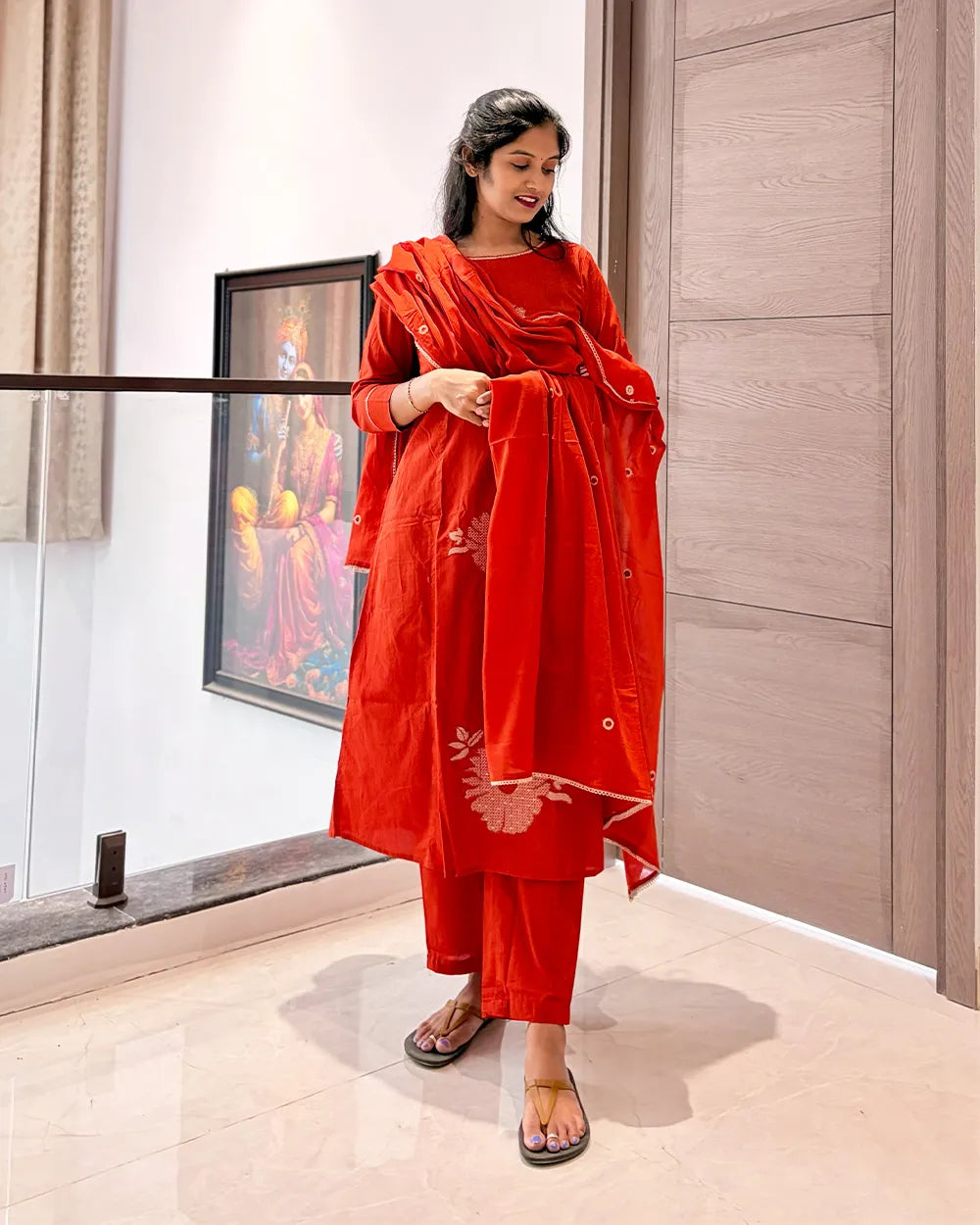Orange Cotton 3pc Kurti Set
