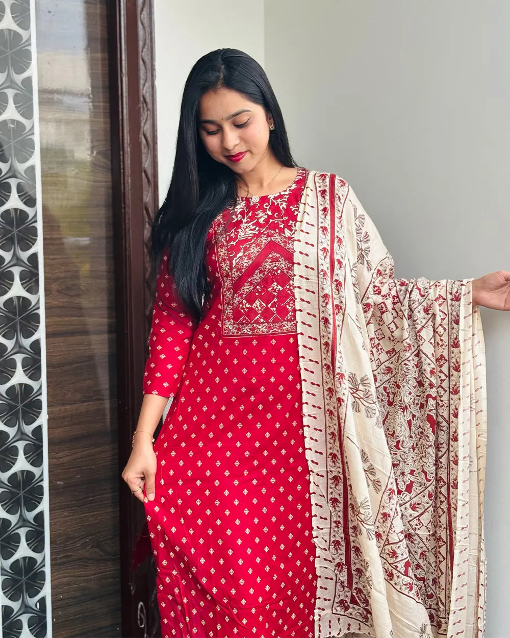Red Rayon Kurthi Set