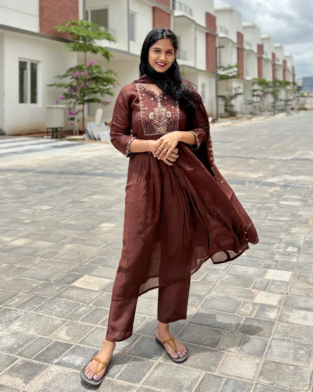 Brown Mulchanderi Anarkali Set