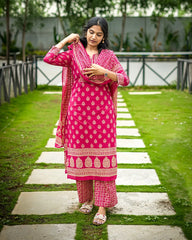 Pink Cotton 3pc Kurthi Set