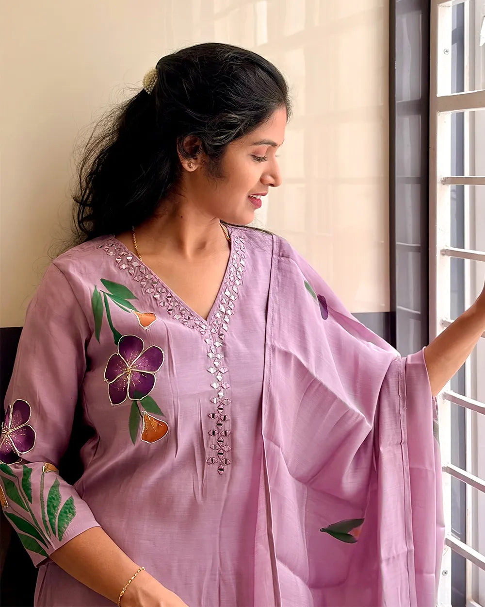 Lavender Mulchanderi A-Line Kurti Set