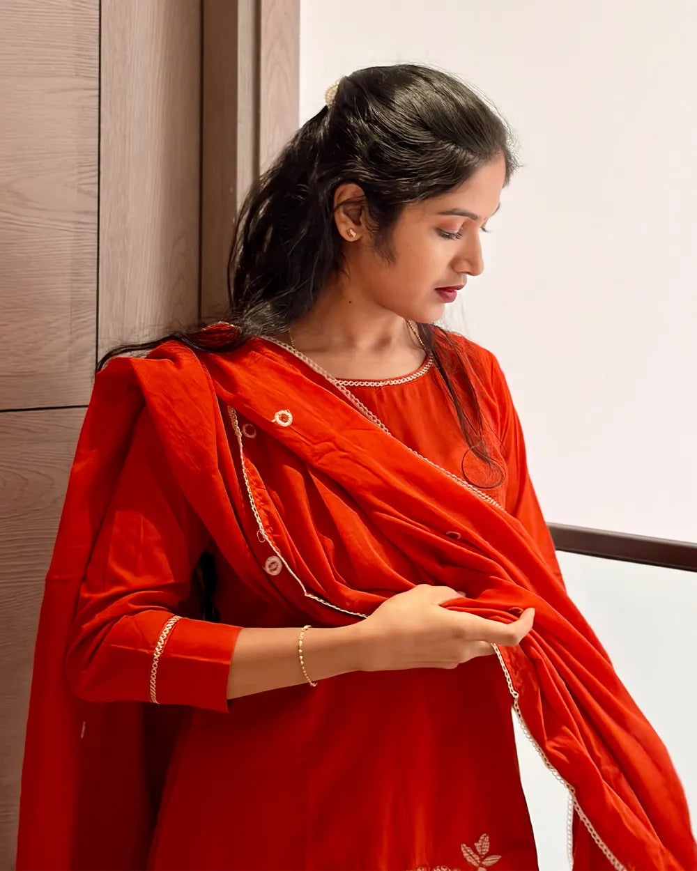 Orange Cotton 3pc Kurti Set