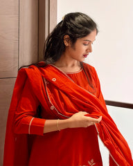 Orange Cotton 3pc Kurti Set
