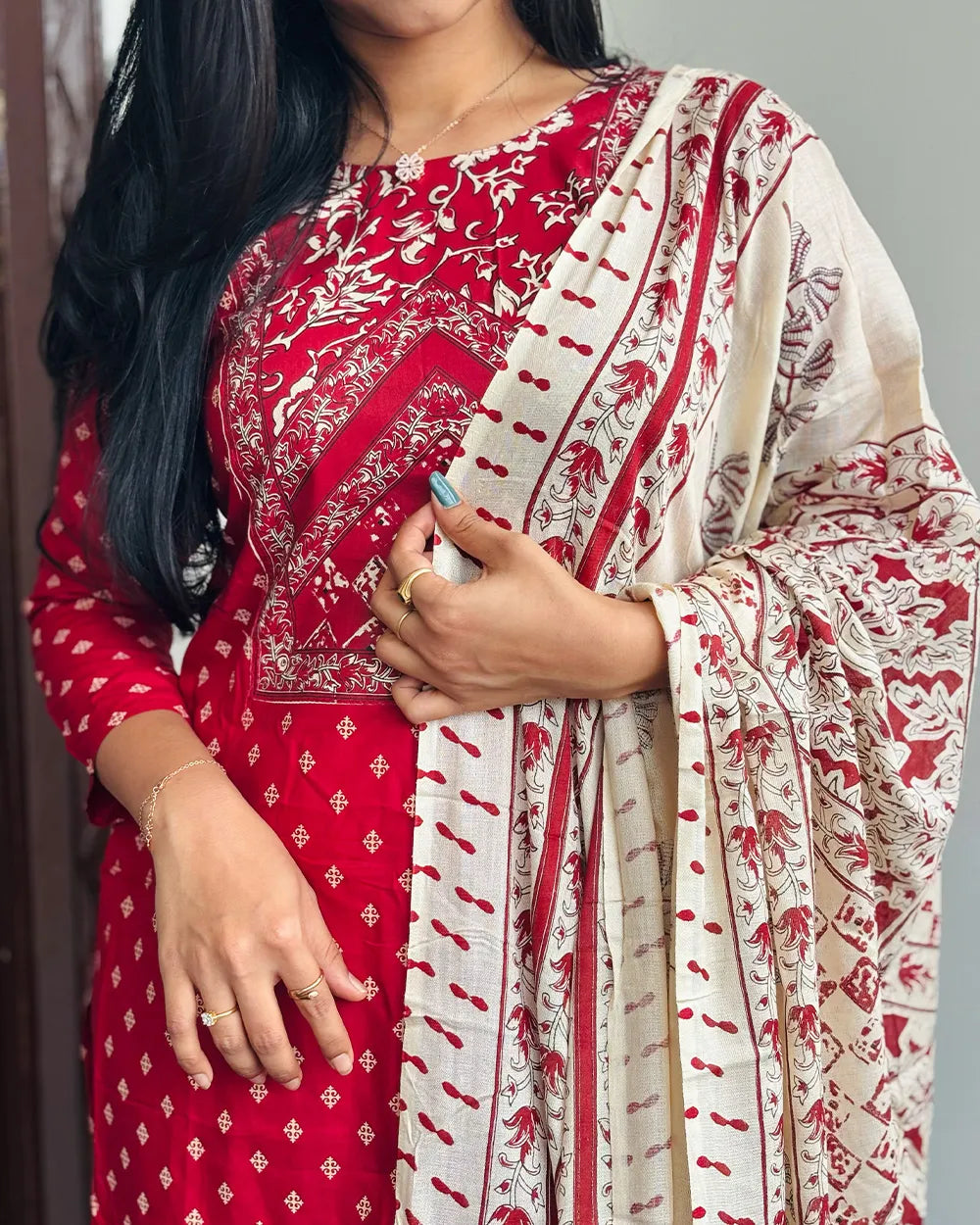 Red Rayon Kurthi Set