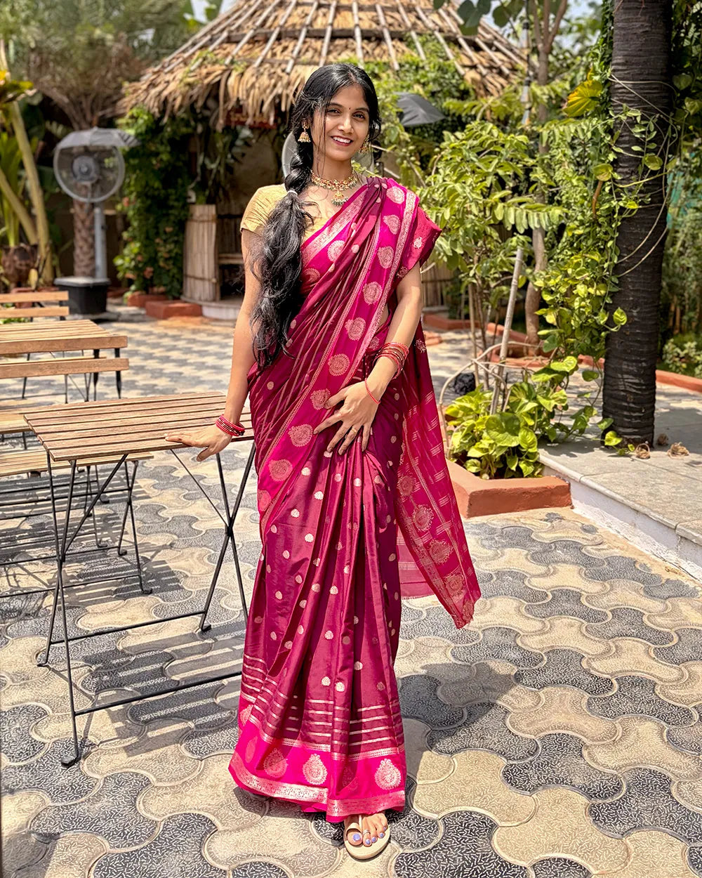 Maroon & Pink Mysore Crepe Saree