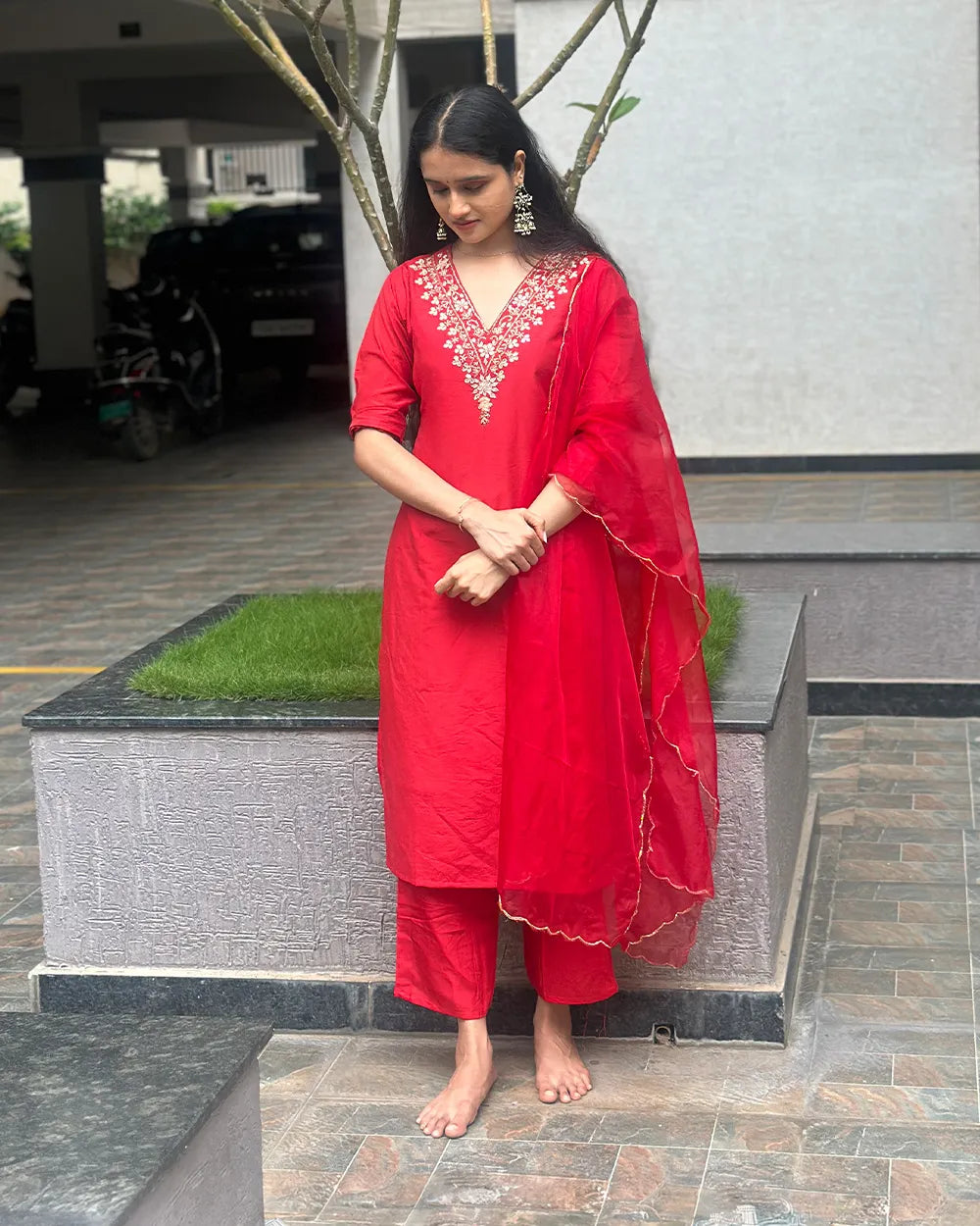 Vibrant Red Muslin Silk Kurta Set
