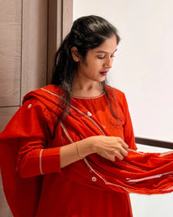 Orange Cotton 3pc Kurti Set