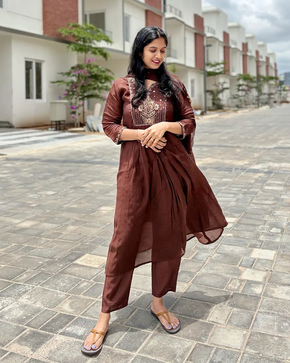 Brown Mulchanderi Anarkali Set