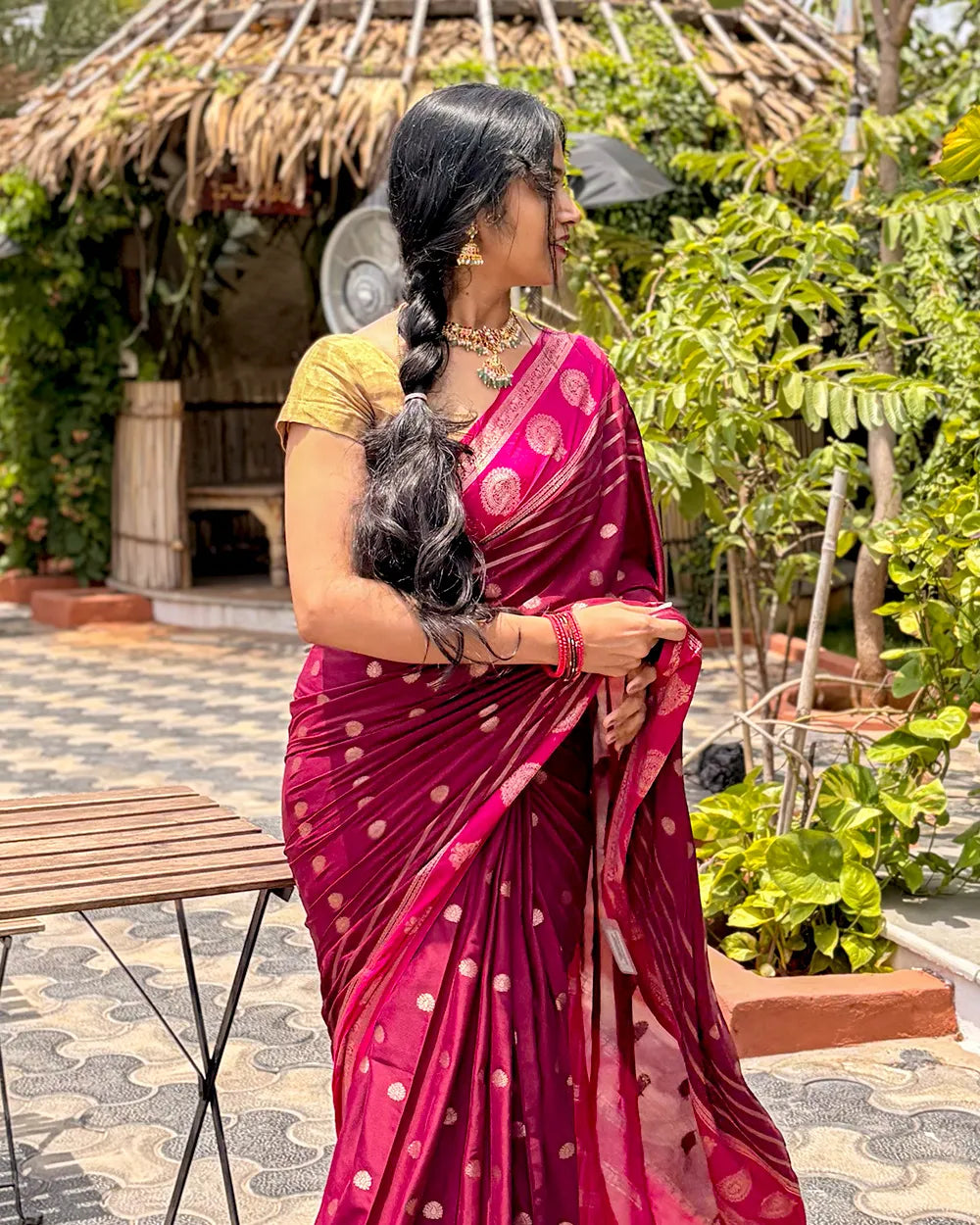 Maroon & Pink Mysore Crepe Saree