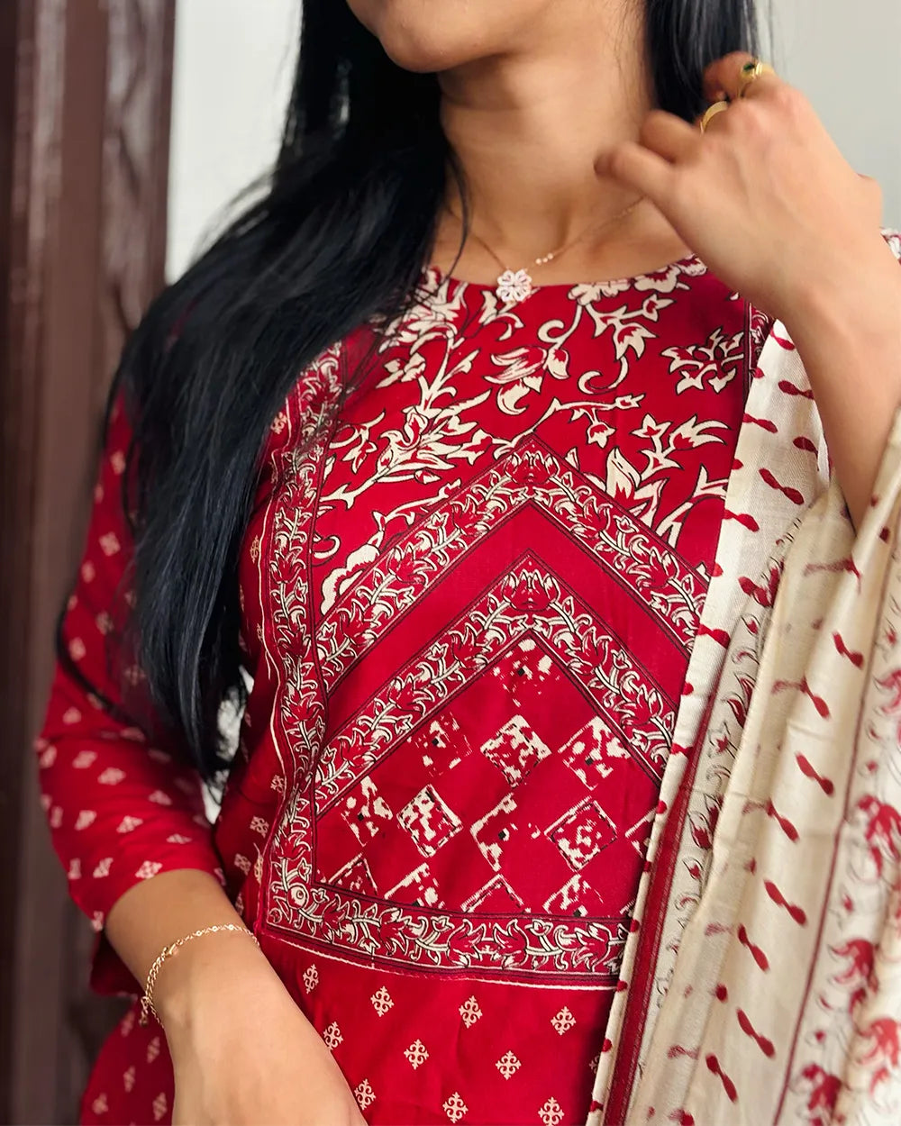 Red Rayon Kurthi Set