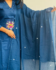 Navy Blue Cotton 3pc Kurthi Set