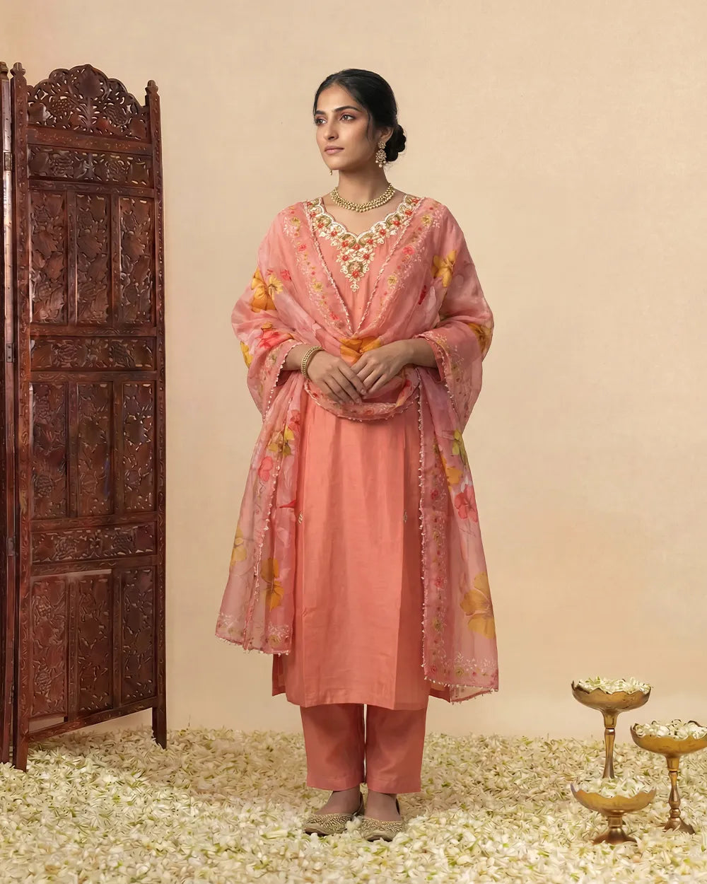 Peach Musline Kurta Set