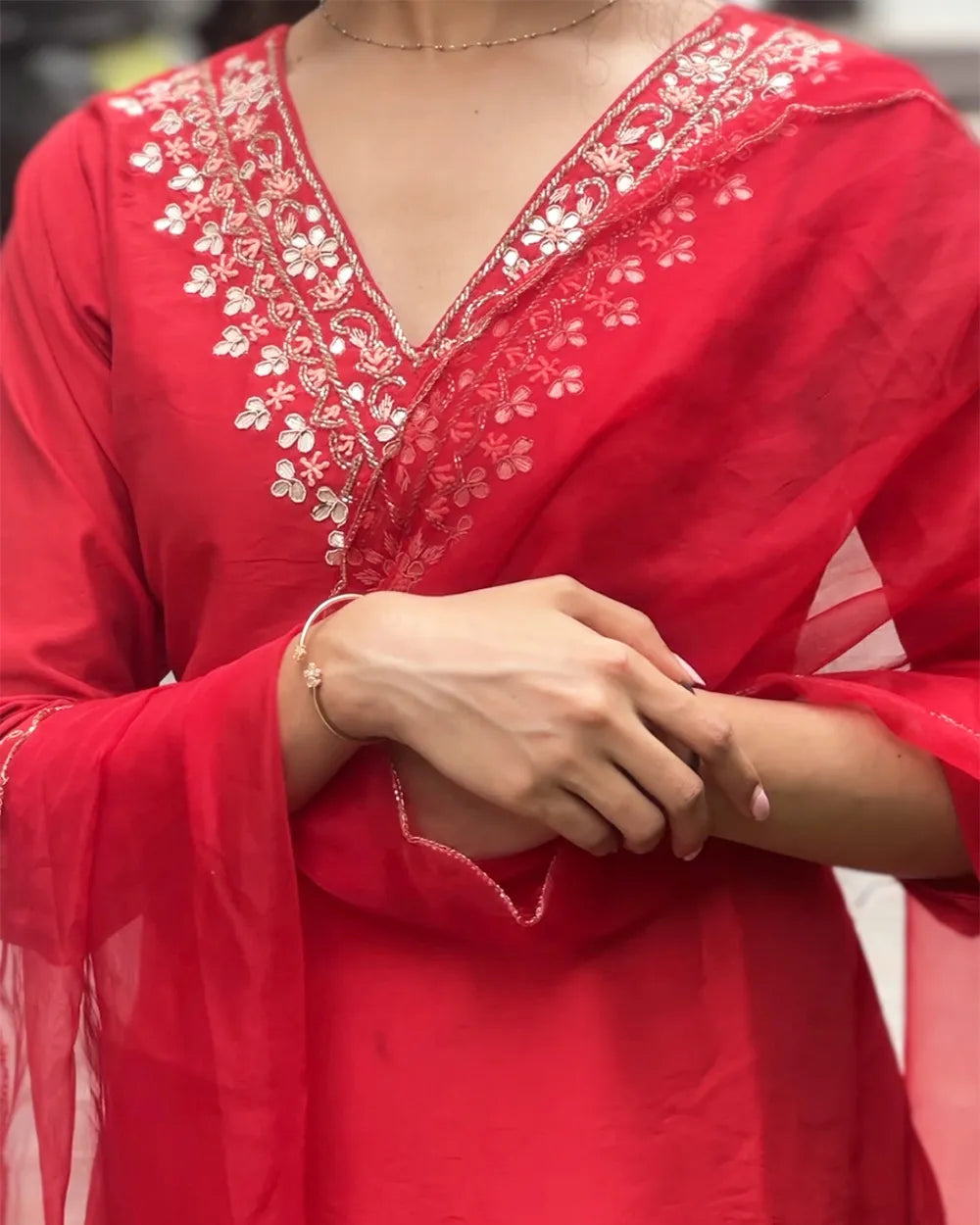 Vibrant Red Muslin Silk Kurta Set