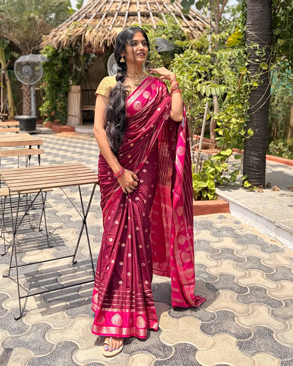 Maroon & Pink Mysore Crepe Saree