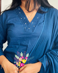 Navy Blue Cotton 3pc Kurthi Set