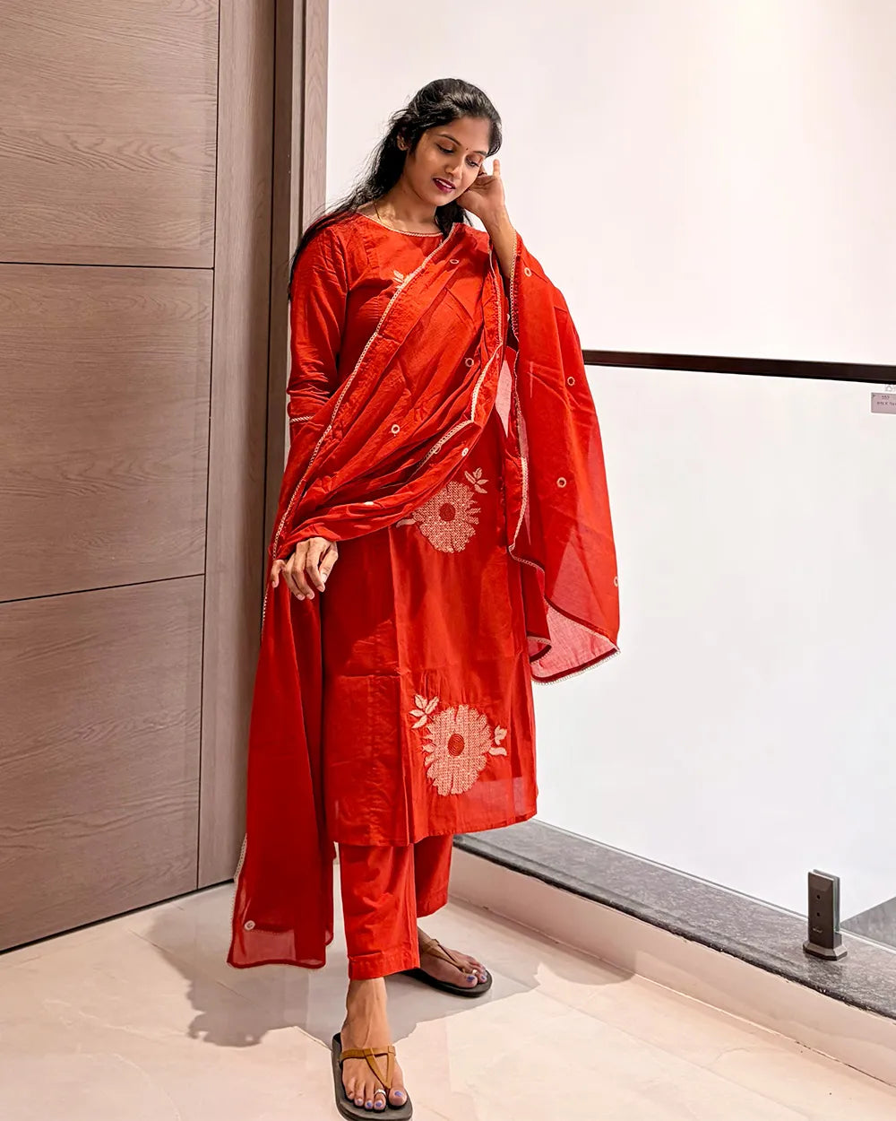 Orange Cotton 3pc Kurti Set