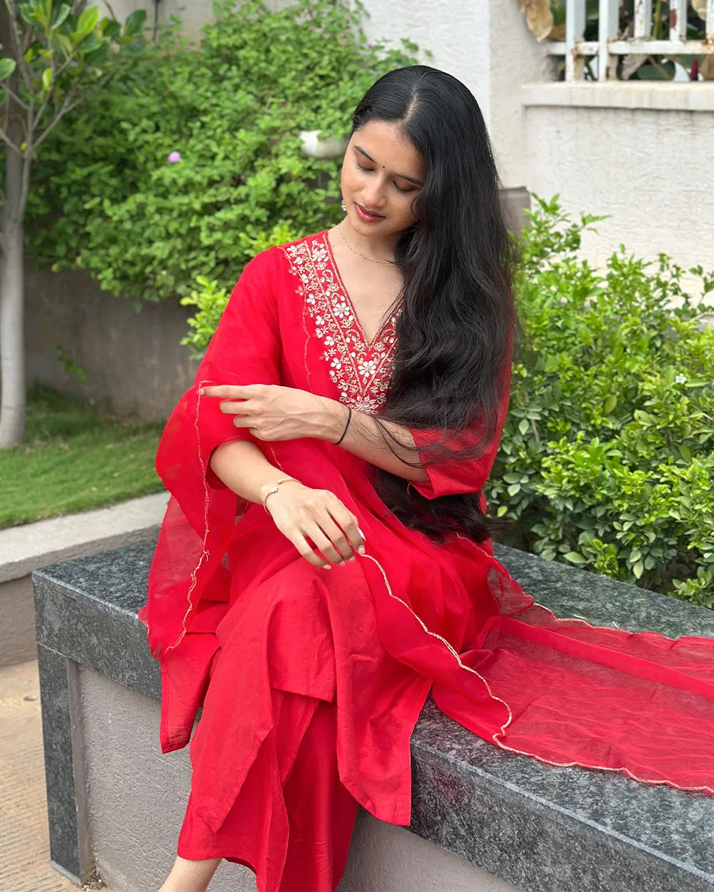 Vibrant Red Muslin Silk Kurta Set