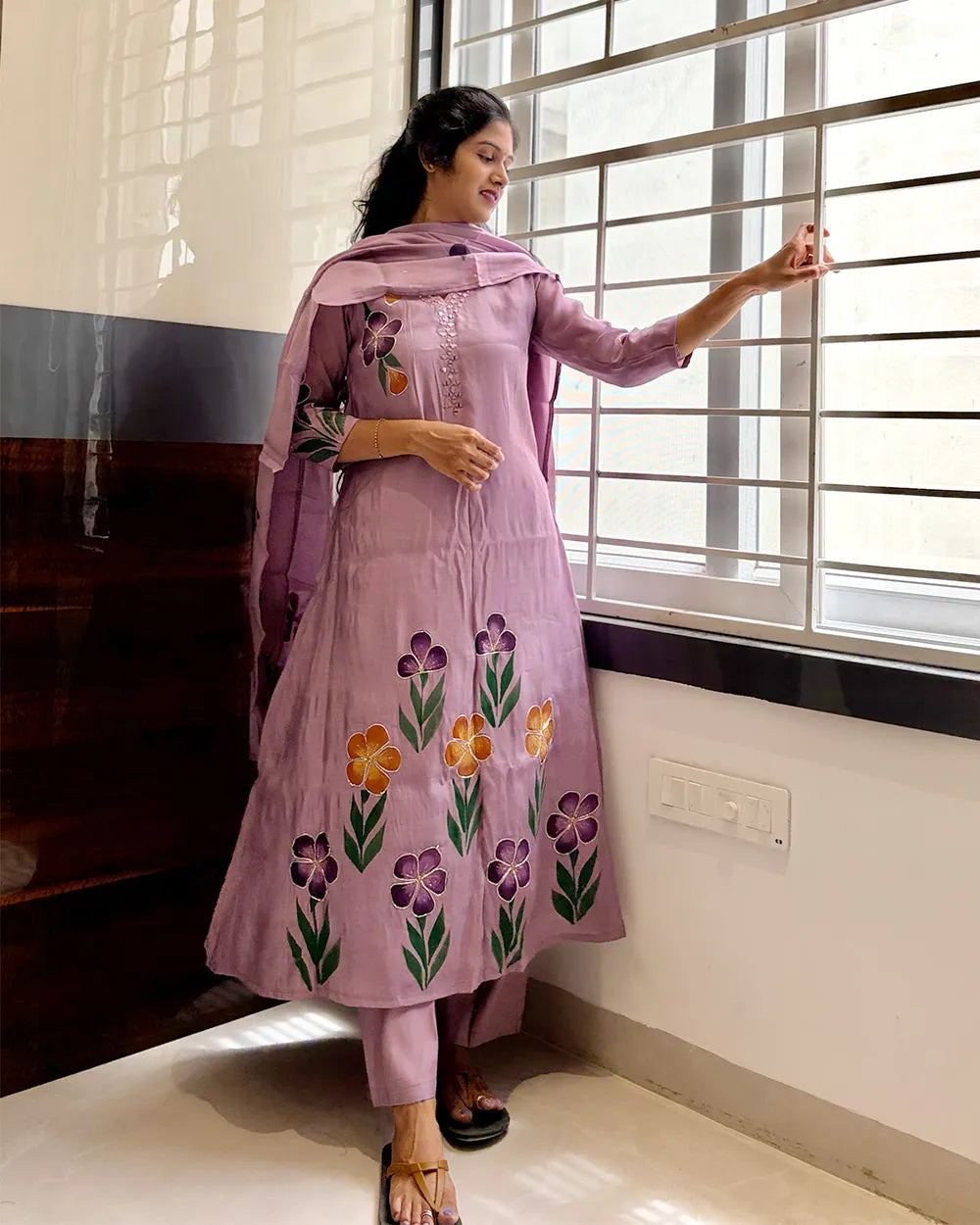 Lavender Mulchanderi A-Line Kurti Set