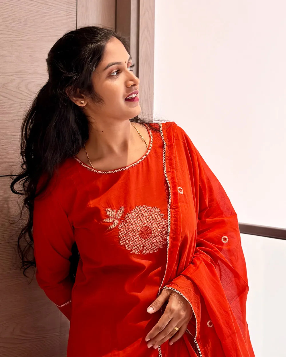 Orange Cotton 3pc Kurti Set