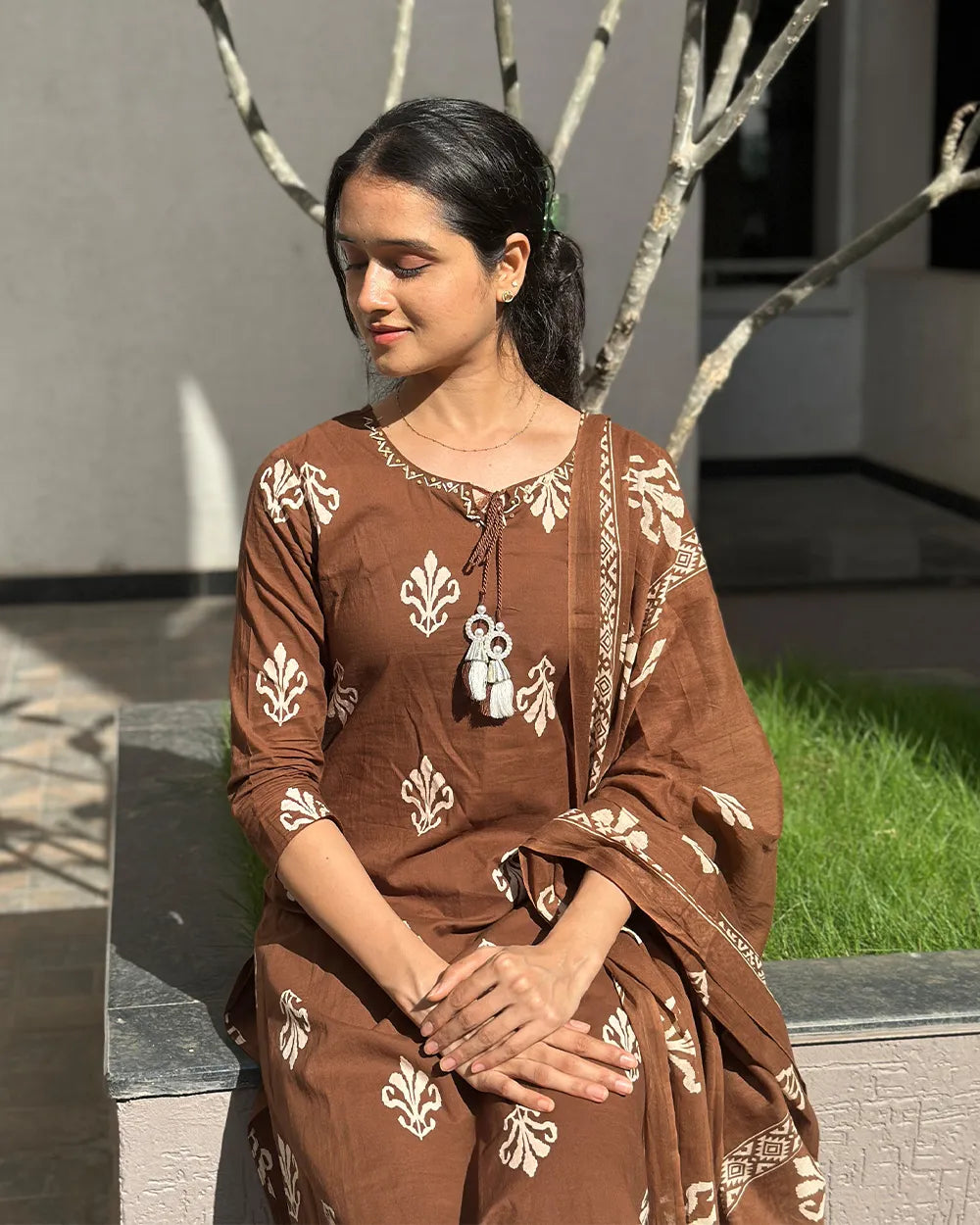 Brown Cotton Kurthi Set