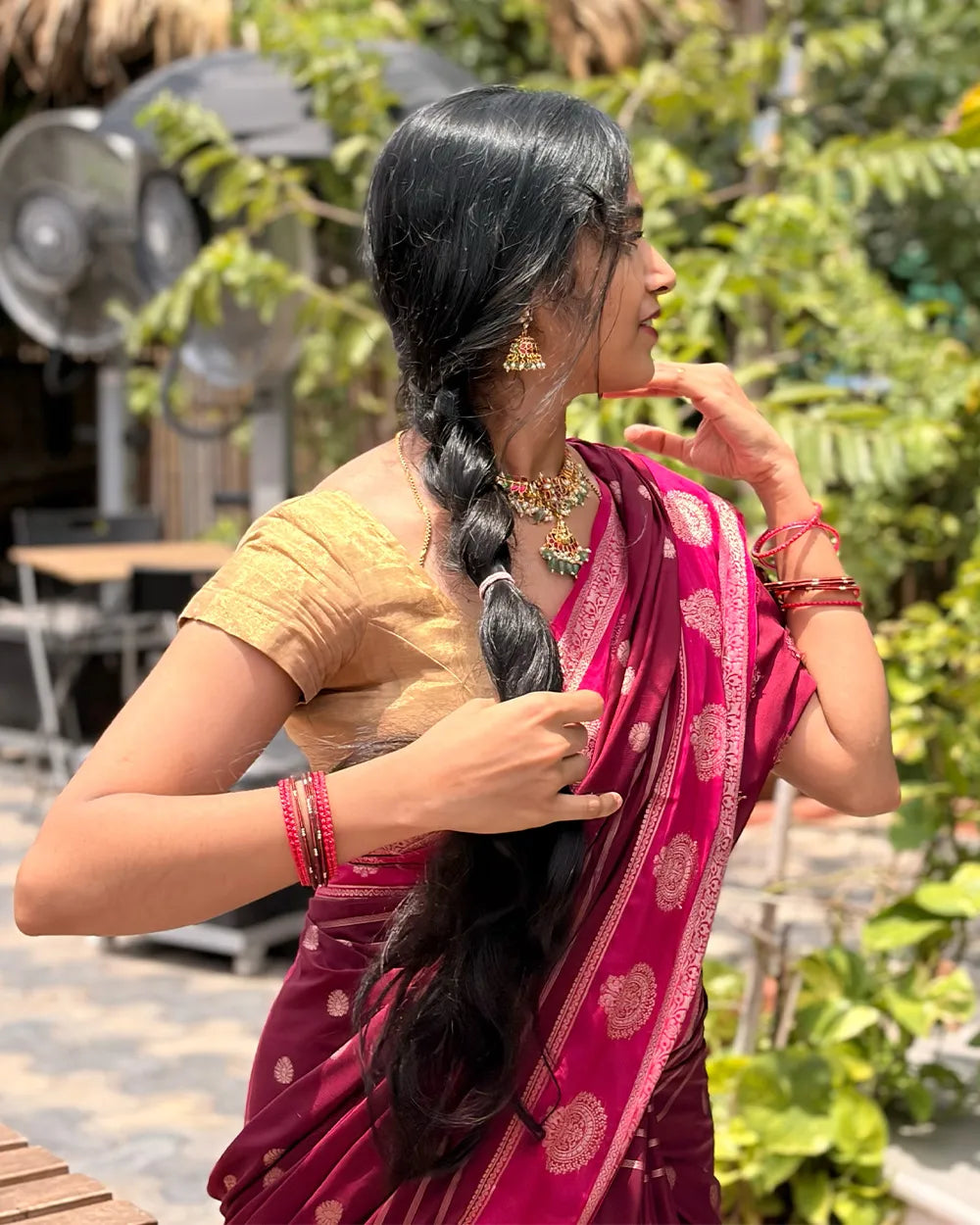 Maroon & Pink Mysore Crepe Saree