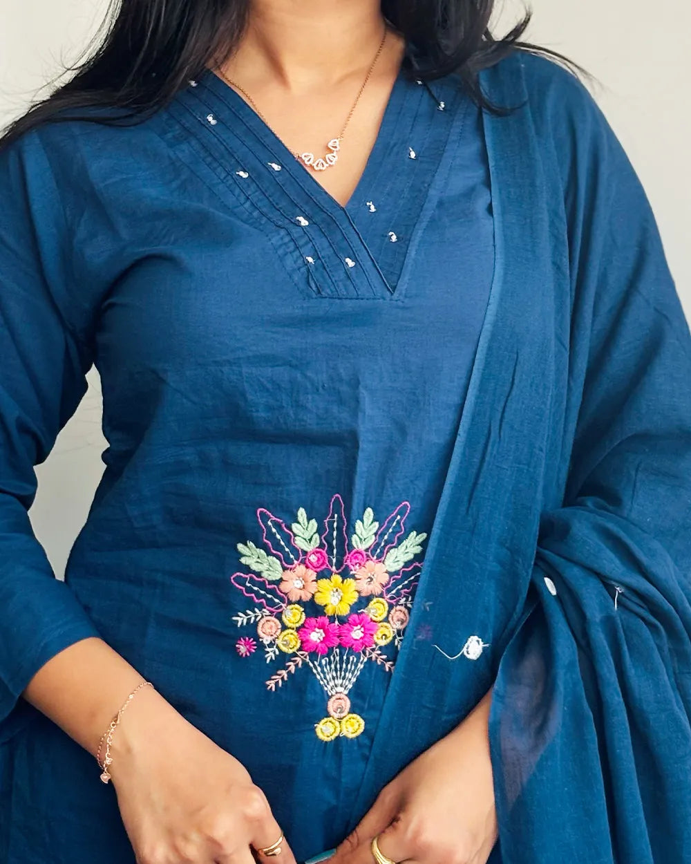 Navy Blue Cotton 3pc Kurthi Set