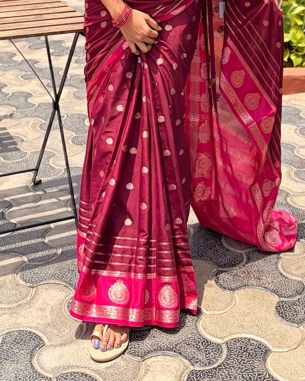 Maroon & Pink Mysore Crepe Saree