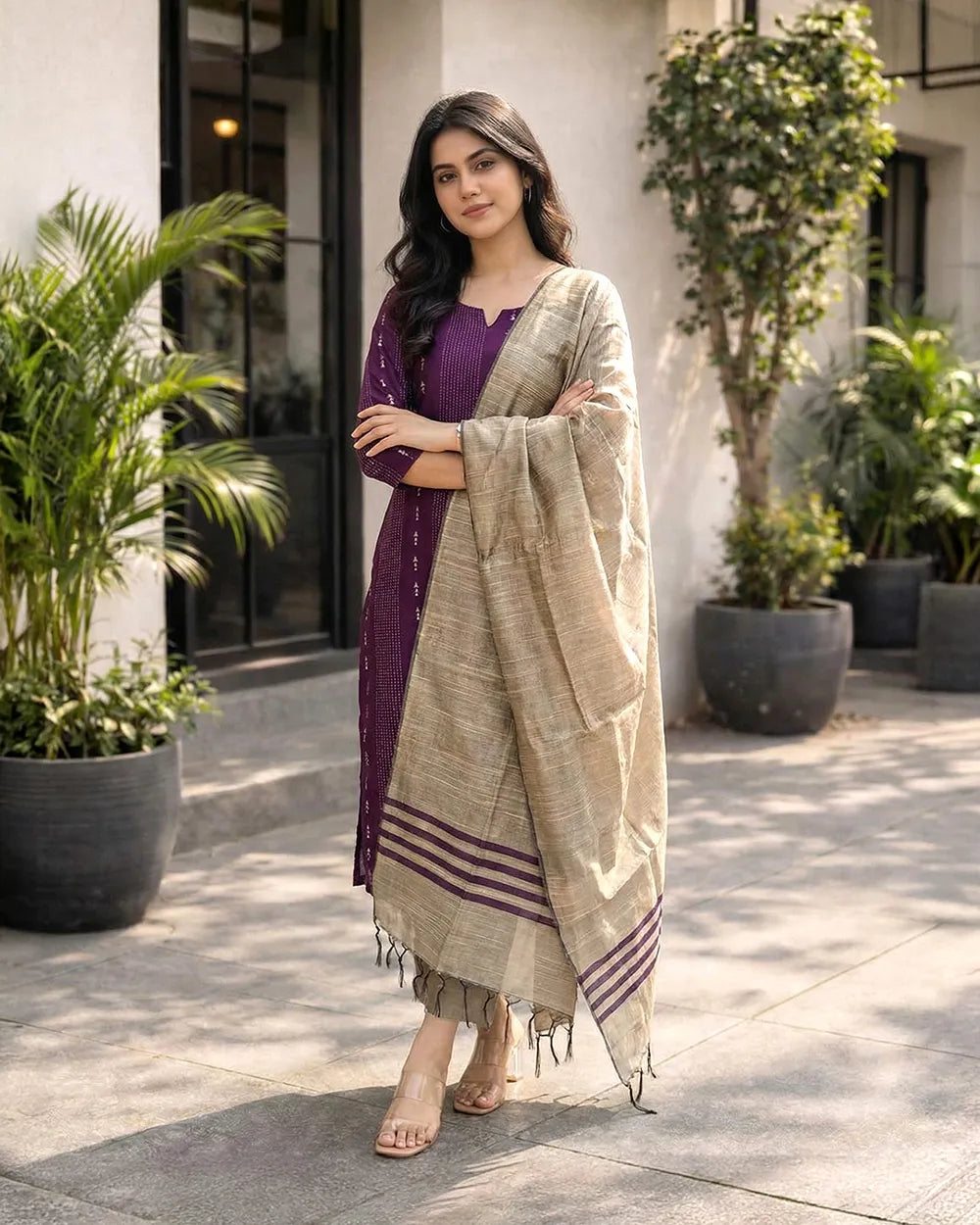 Purple Rawsilk 3pc kurti set