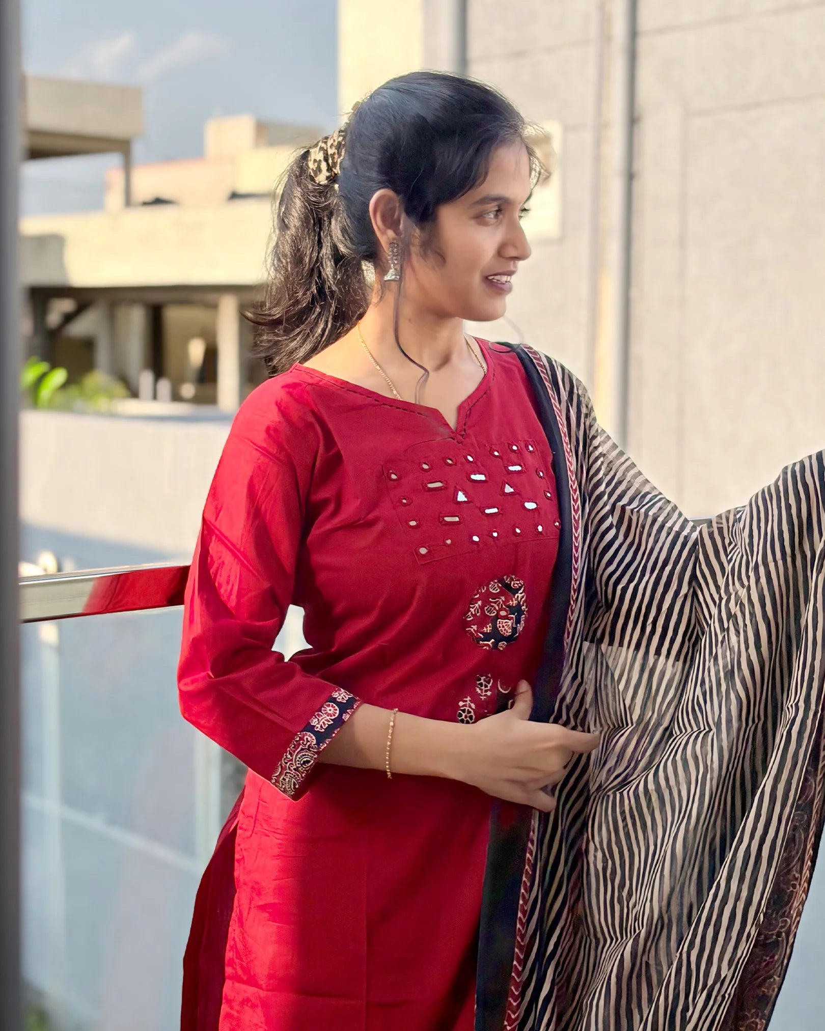 Red Dhabu Cotton Kurti Set
