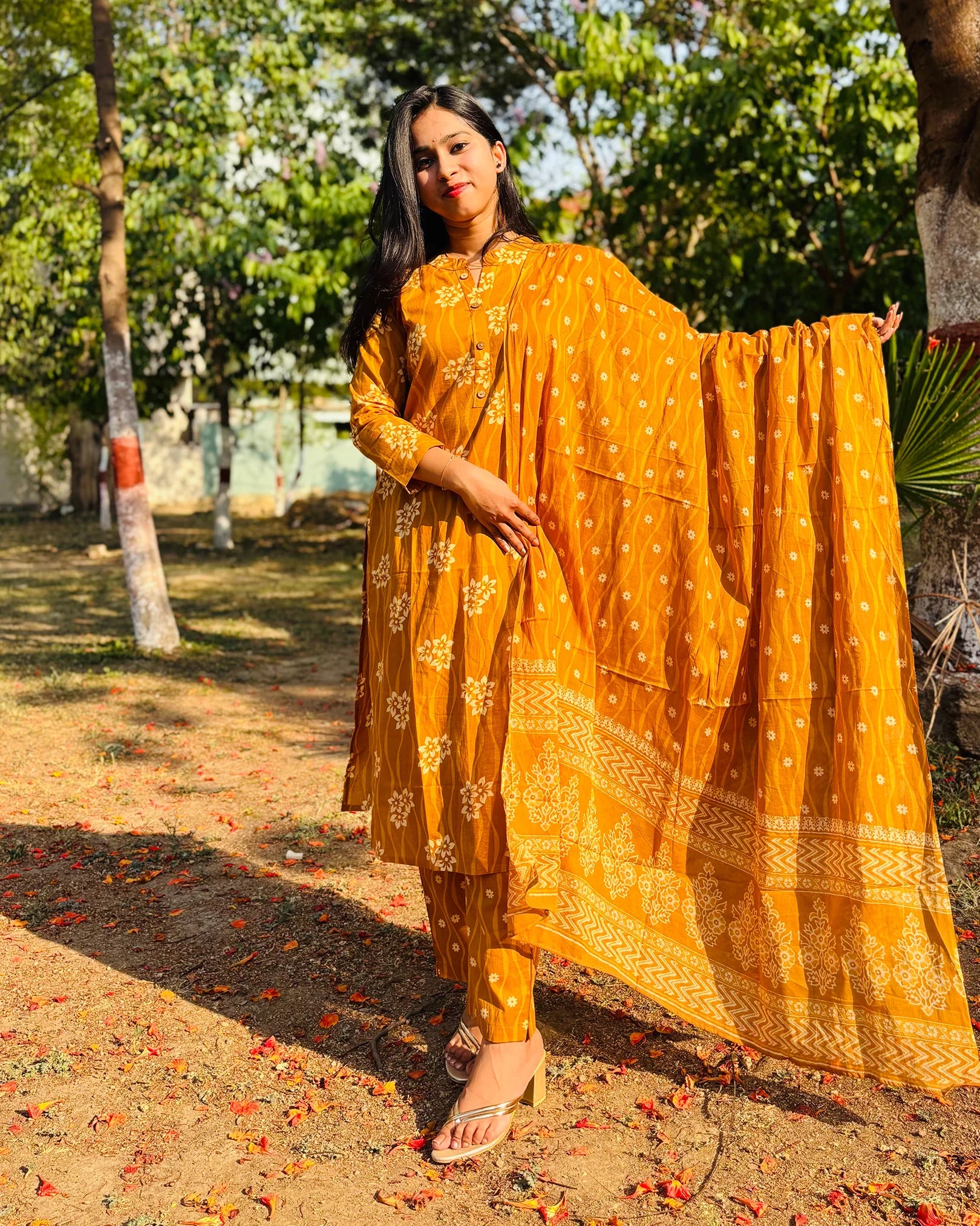 Mustard Yellow Cotton Kurti Set