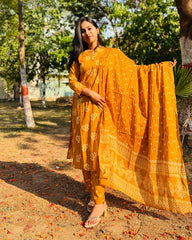 Mustard Yellow Cotton Kurti Set