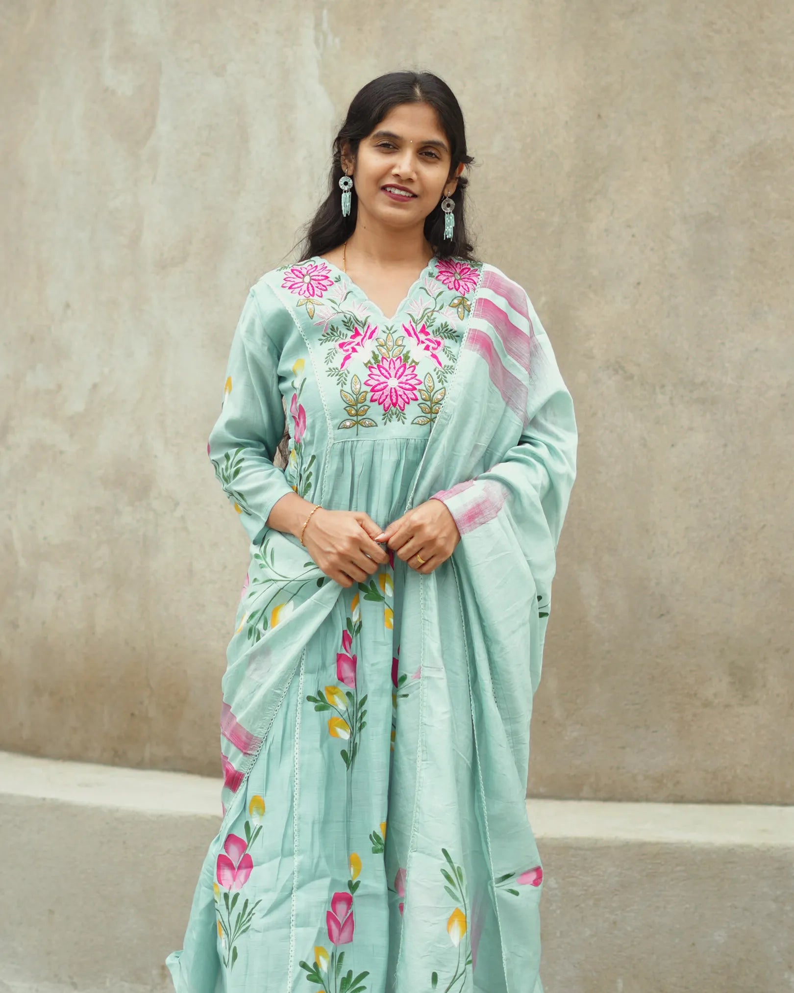Sky blue hand painted anarkali