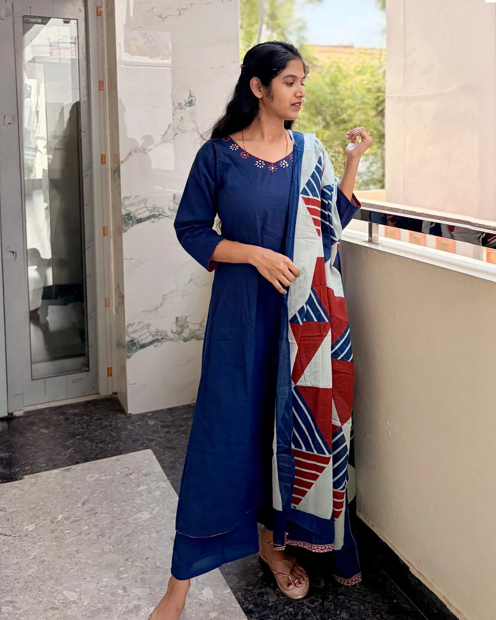 Blue Dhabu Cotton Kurti Set